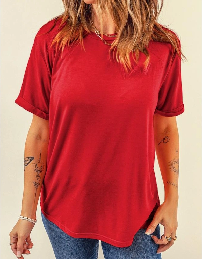 Red Casual Plain Crew Neck Tee