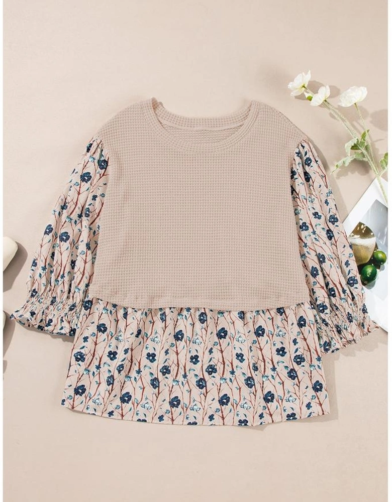 Beige Faux Two Piece Knit Patchwork Floral Print Plus Size Top