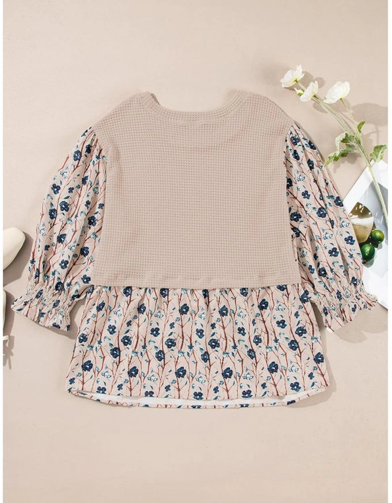 Beige Faux Two Piece Knit Patchwork Floral Print Plus Size Top