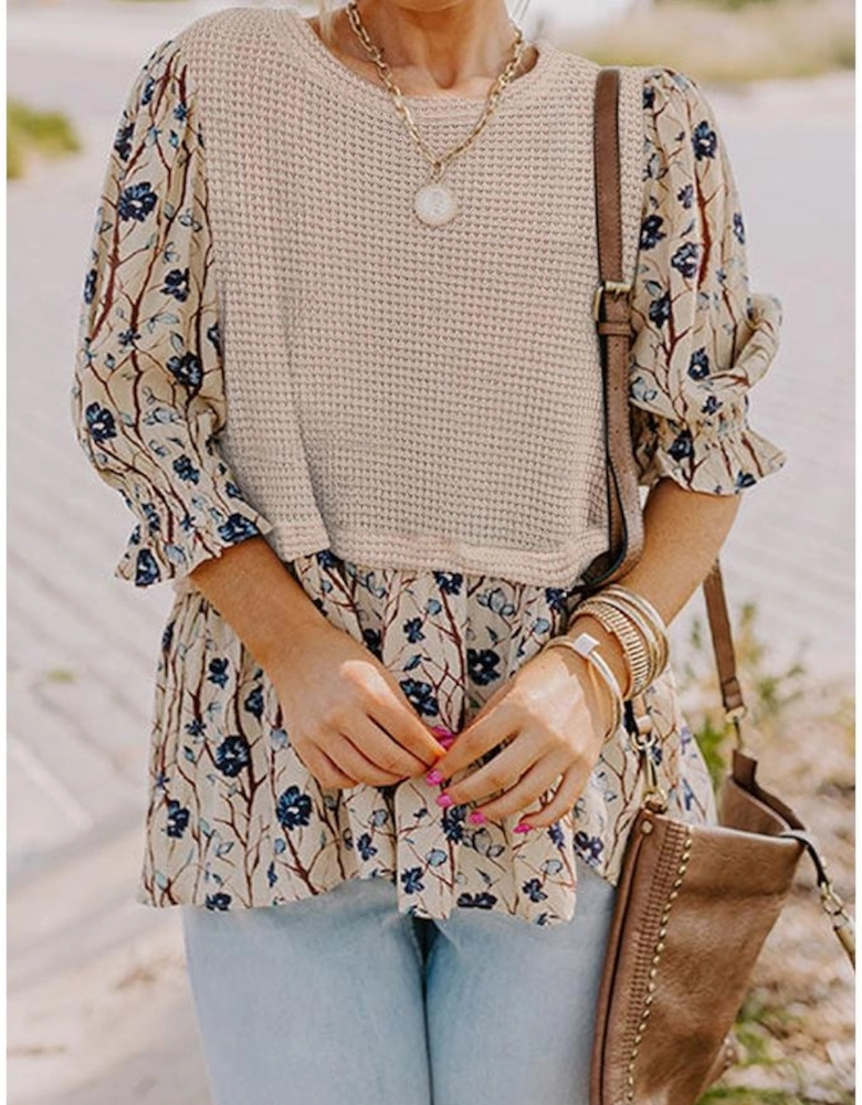 Beige Faux Two Piece Knit Patchwork Floral Print Plus Size Top