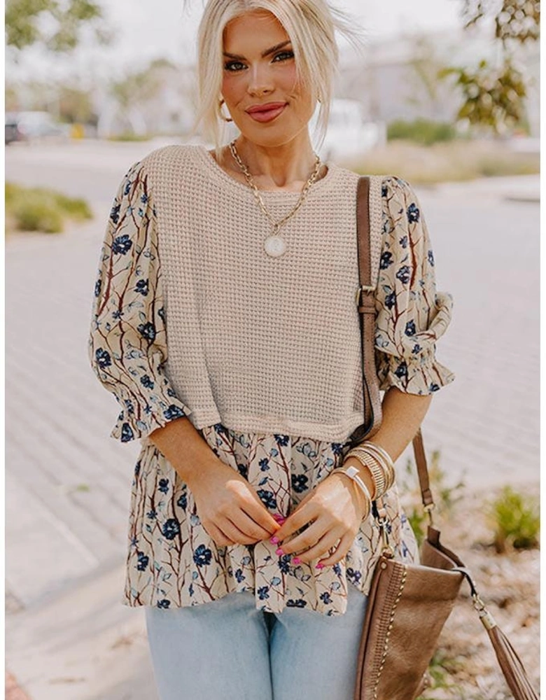 Beige Faux Two Piece Knit Patchwork Floral Print Plus Size Top