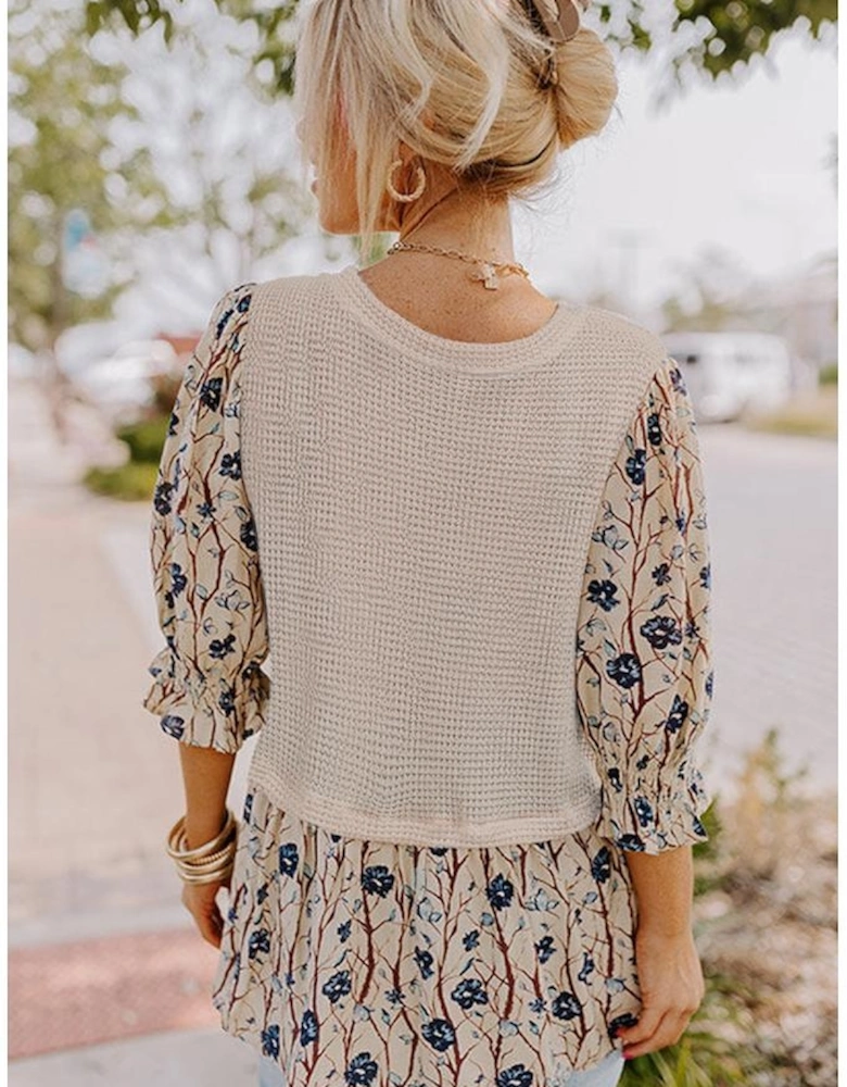 Beige Faux Two Piece Knit Patchwork Floral Print Plus Size Top