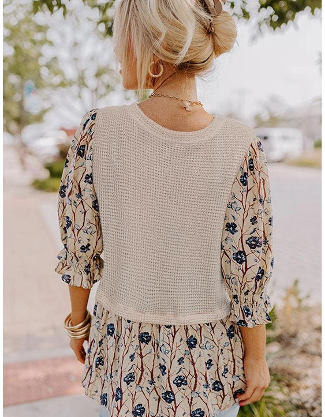 Beige Faux Two Piece Knit Patchwork Floral Print Plus Size Top