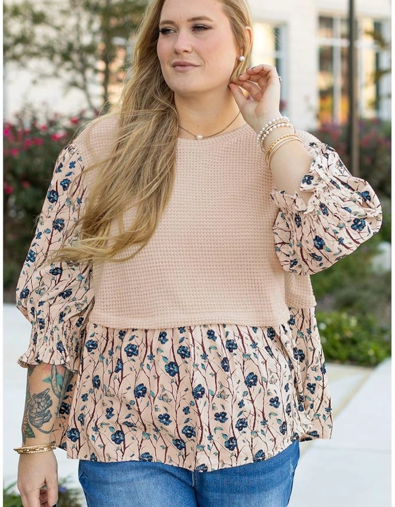 Beige Faux Two Piece Knit Patchwork Floral Print Plus Size Top