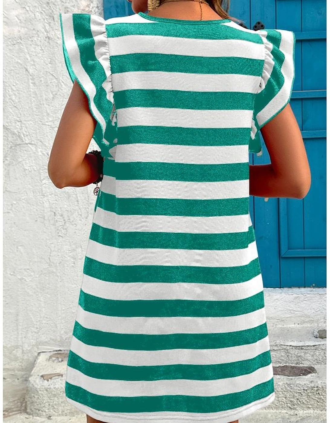 Green Stripe Flutter Sleeve Round Neck Shift Dress, 4 of 3