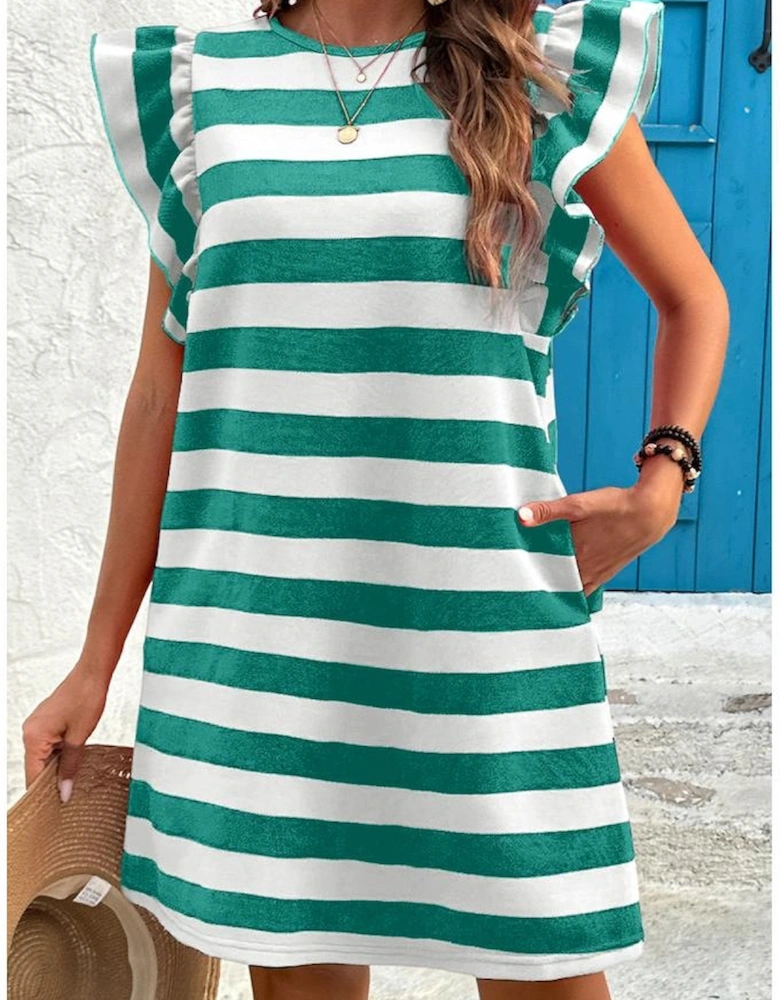 Green Stripe Flutter Sleeve Round Neck Shift Dress