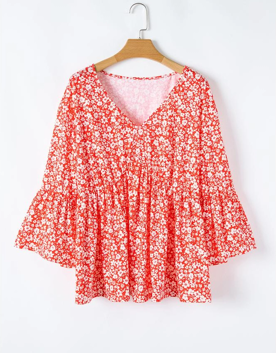 Red Plus Size Floral V Neck Flared Bracelet Sleeve Blouse