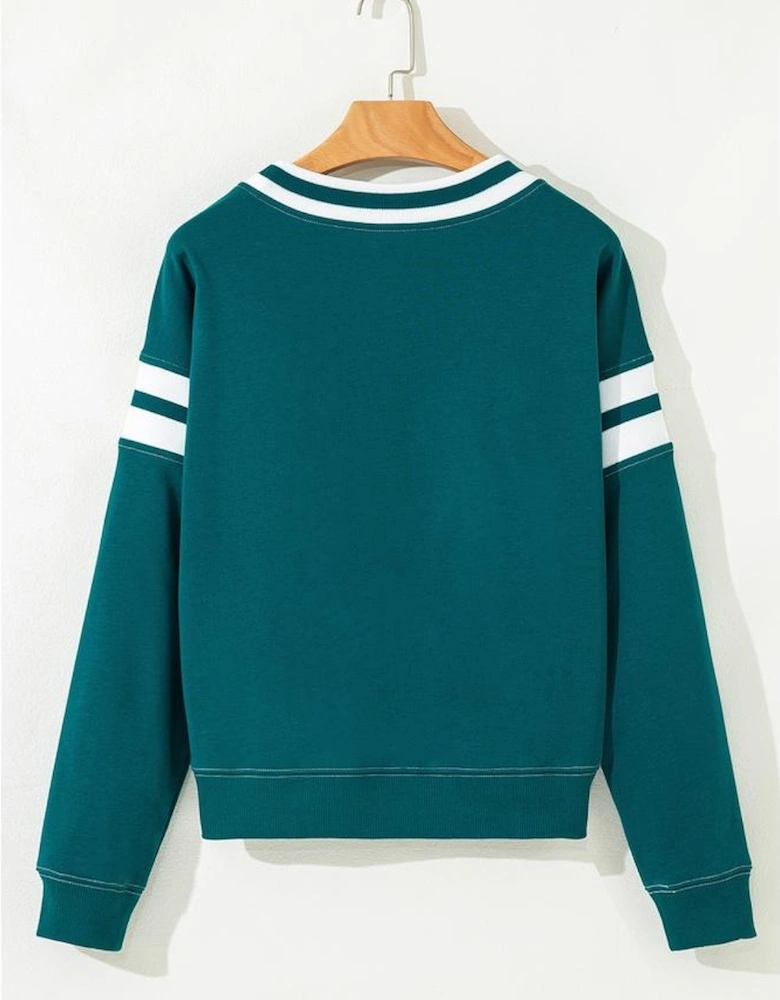Blackish Green Contrast Striped Patchwork Round Neck Drop Shoulder Sweatshirt