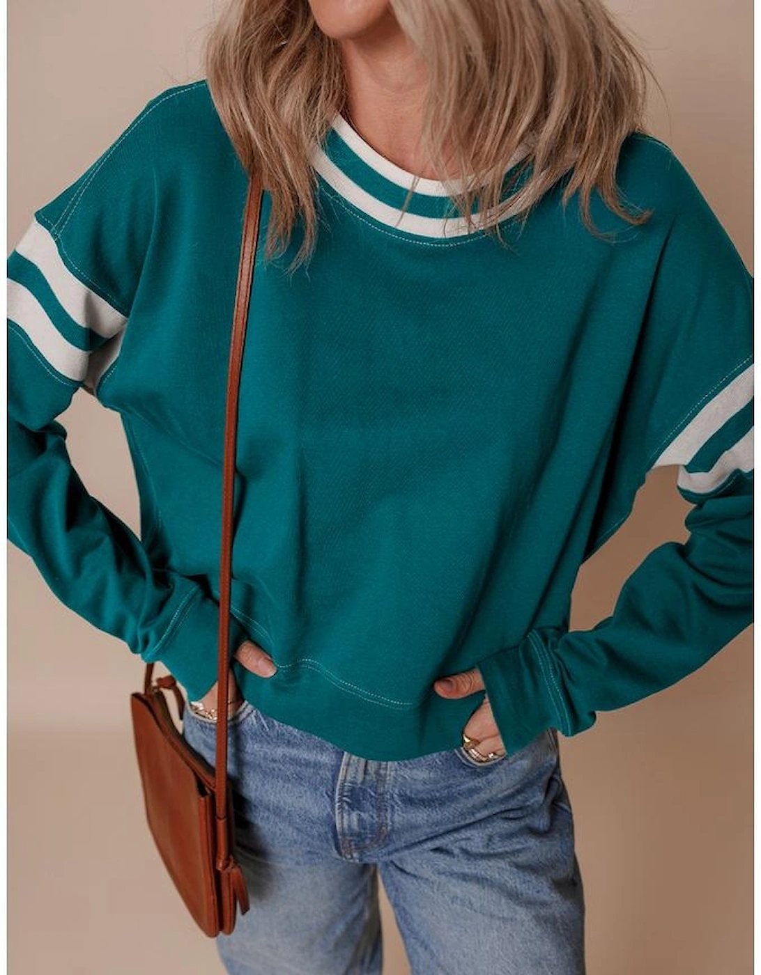Blackish Green Contrast Striped Patchwork Round Neck Drop Shoulder Sweatshirt