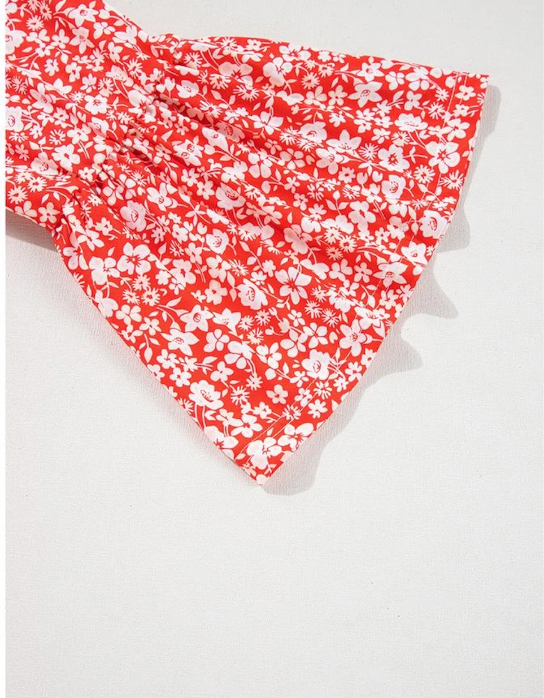 Red Plus Size Floral V Neck Flared Bracelet Sleeve Blouse