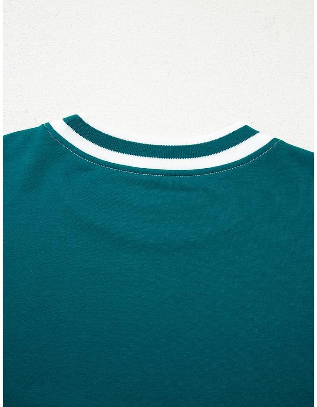 Blackish Green Contrast Striped Patchwork Round Neck Drop Shoulder Sweatshirt