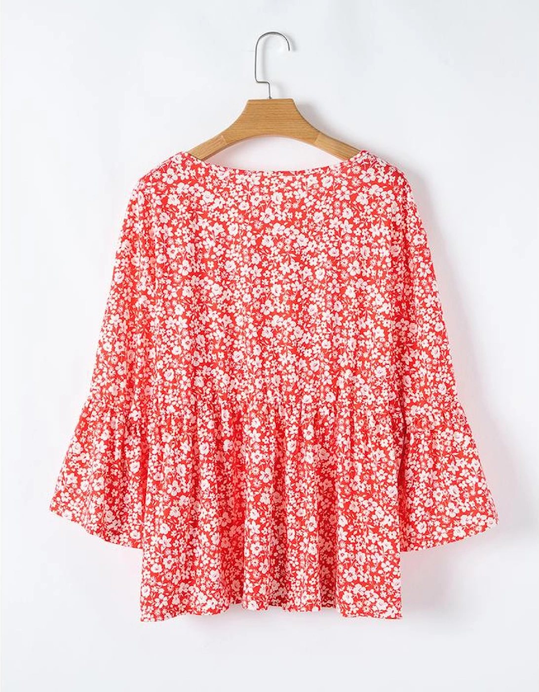 Red Plus Size Floral V Neck Flared Bracelet Sleeve Blouse