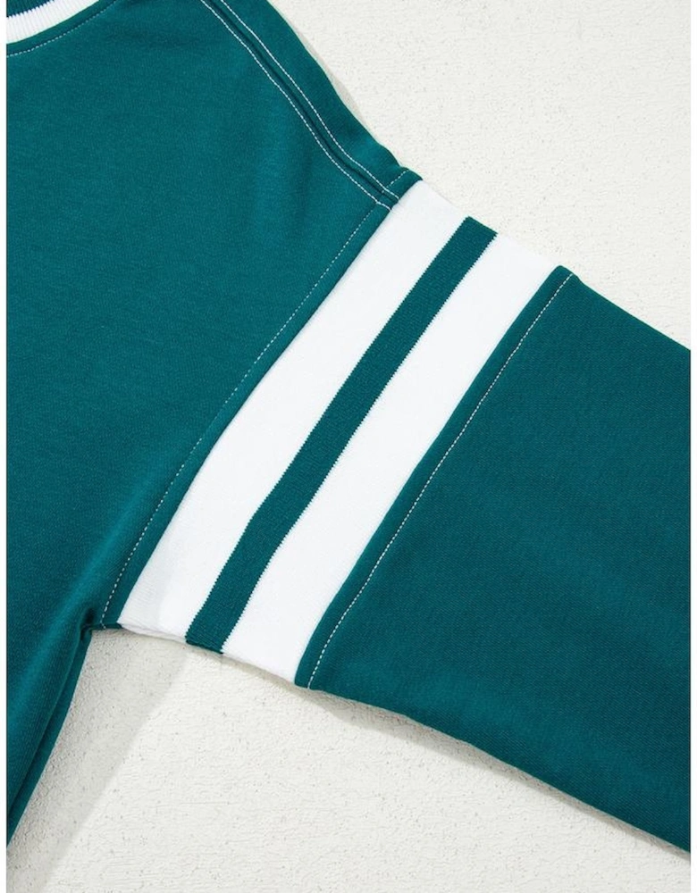 Blackish Green Contrast Striped Patchwork Round Neck Drop Shoulder Sweatshirt