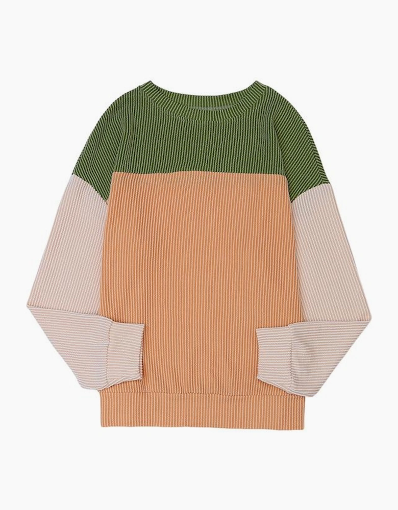 Green Color Block Long Sleeve Ribbed Loose Top