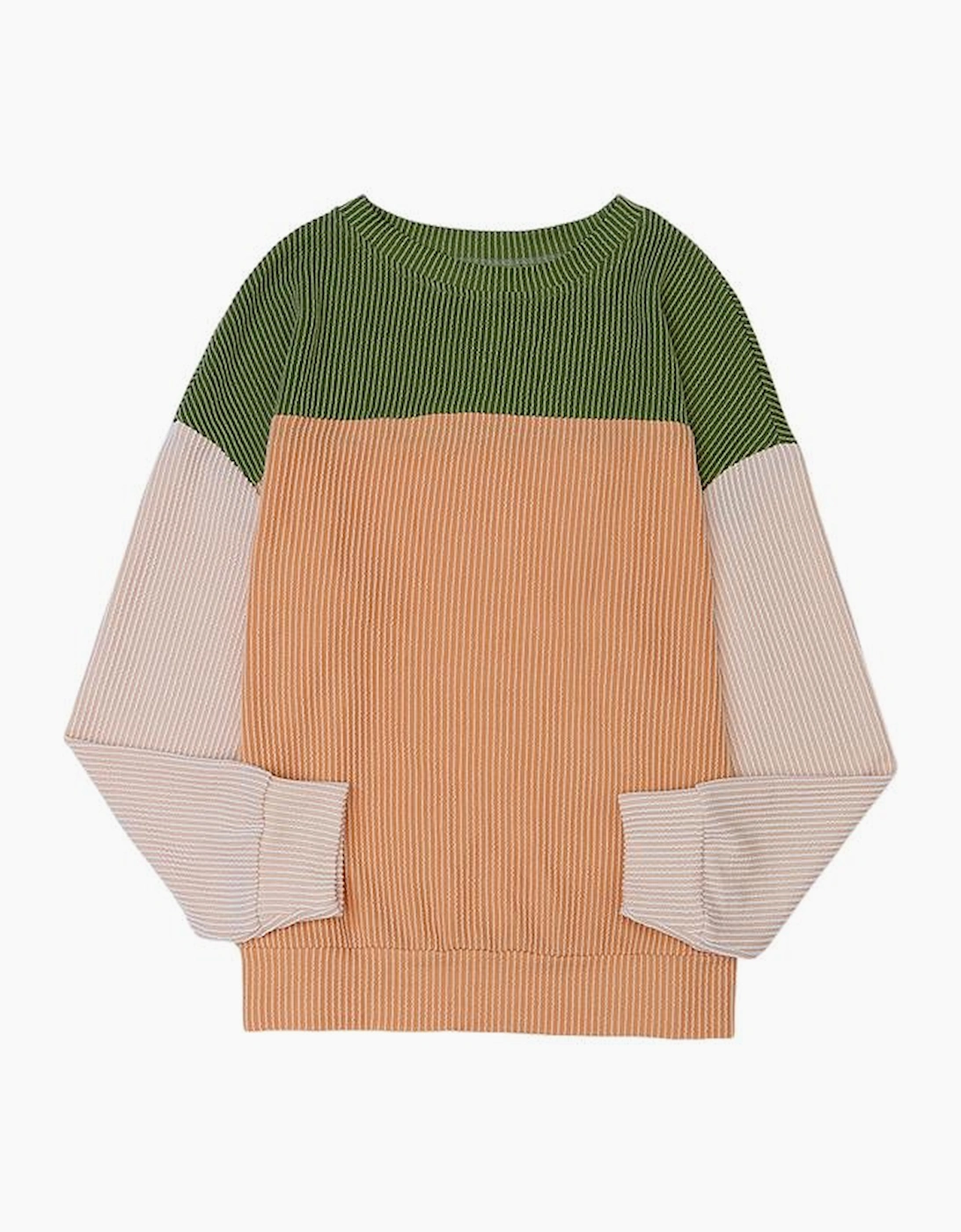 Green Color Block Long Sleeve Ribbed Loose Top