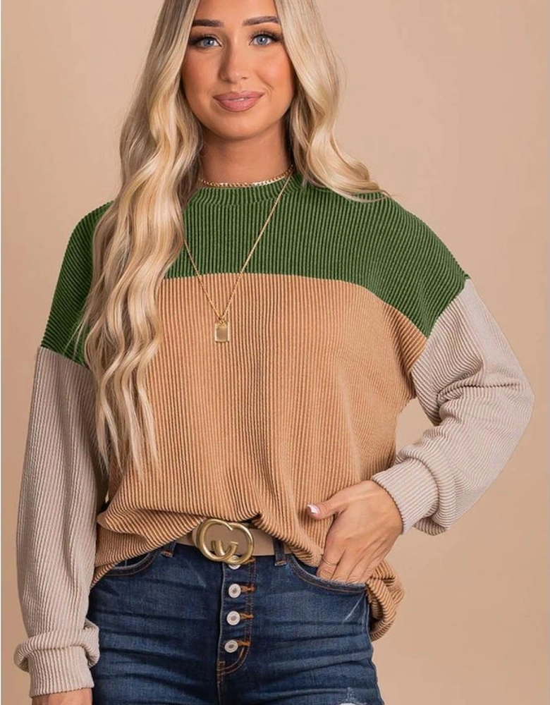 Green Color Block Long Sleeve Ribbed Loose Top