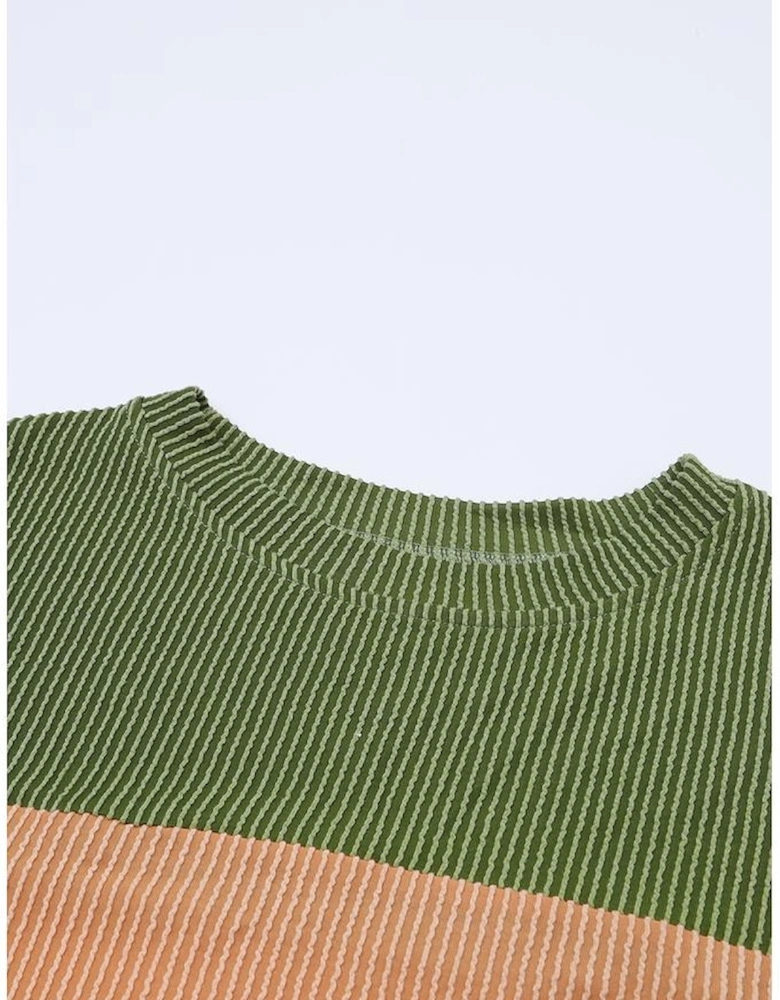 Green Color Block Long Sleeve Ribbed Loose Top