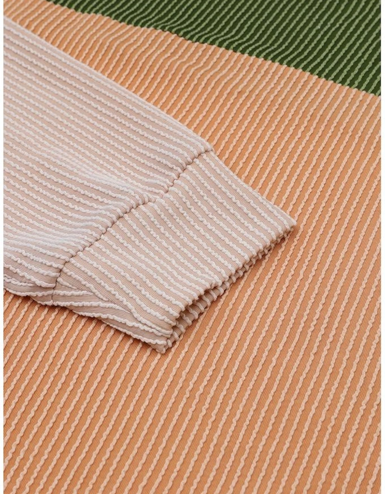 Green Color Block Long Sleeve Ribbed Loose Top