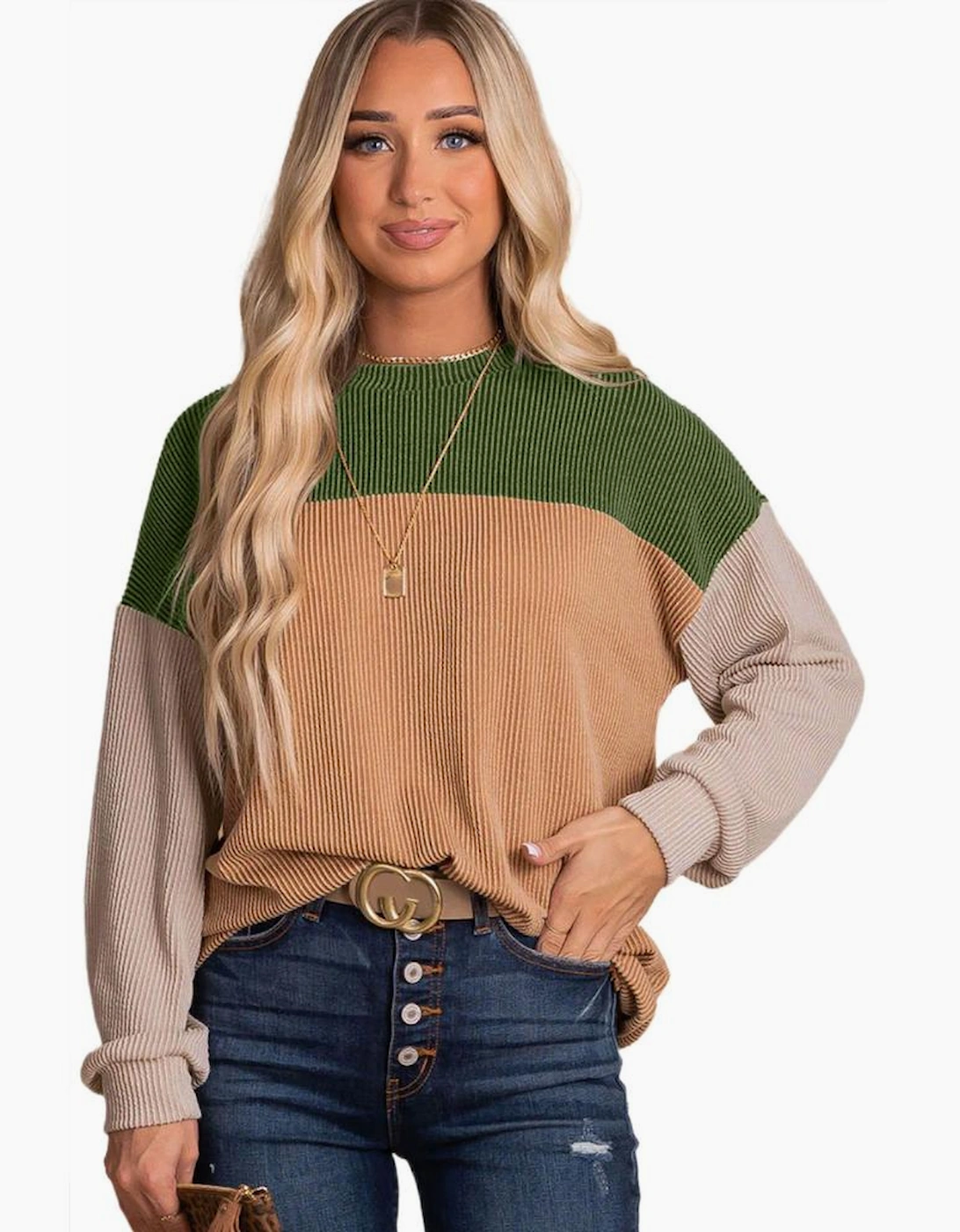 Green Color Block Long Sleeve Ribbed Loose Top