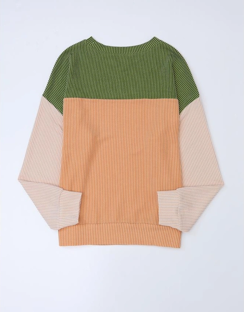 Green Color Block Long Sleeve Ribbed Loose Top