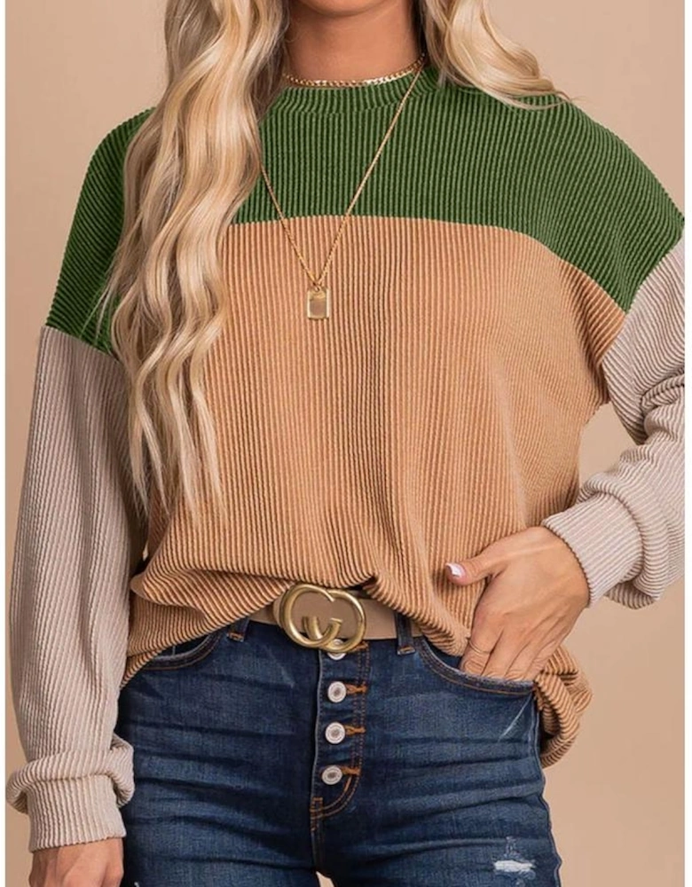 Green Color Block Long Sleeve Ribbed Loose Top