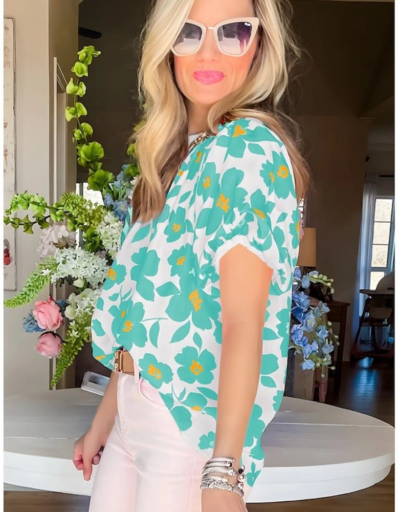 Green Floral Puff Sleeve Frilled Neckline Blouse