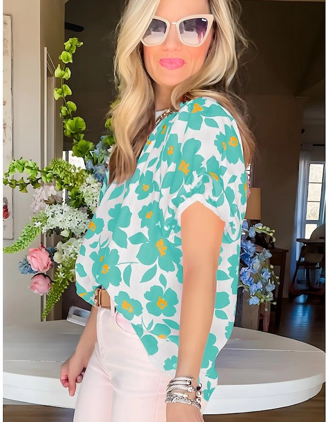 Green Floral Puff Sleeve Frilled Neckline Blouse