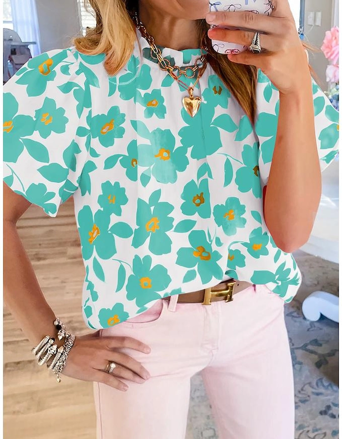 Green Floral Puff Sleeve Frilled Neckline Blouse