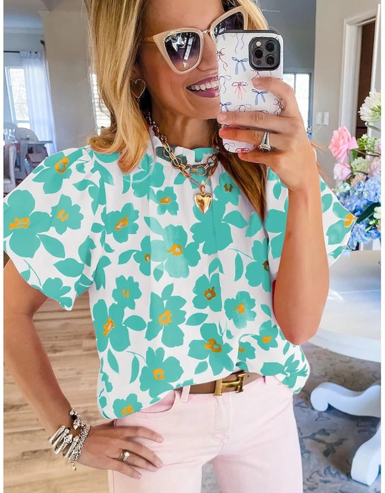 Green Floral Puff Sleeve Frilled Neckline Blouse
