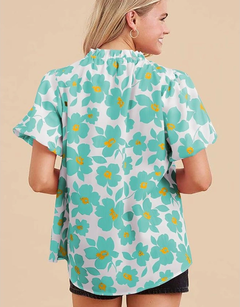 Green Floral Puff Sleeve Frilled Neckline Blouse