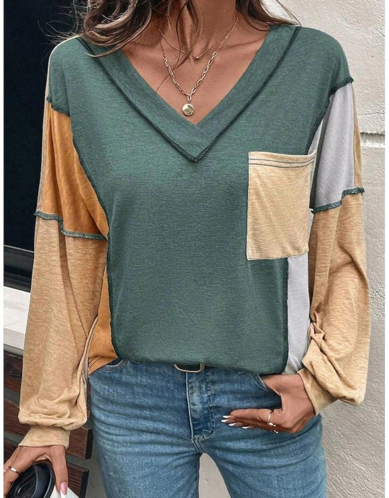 Four Leaf Clover Exposed Stitching Colorblock V Neck Long Sleeve Top