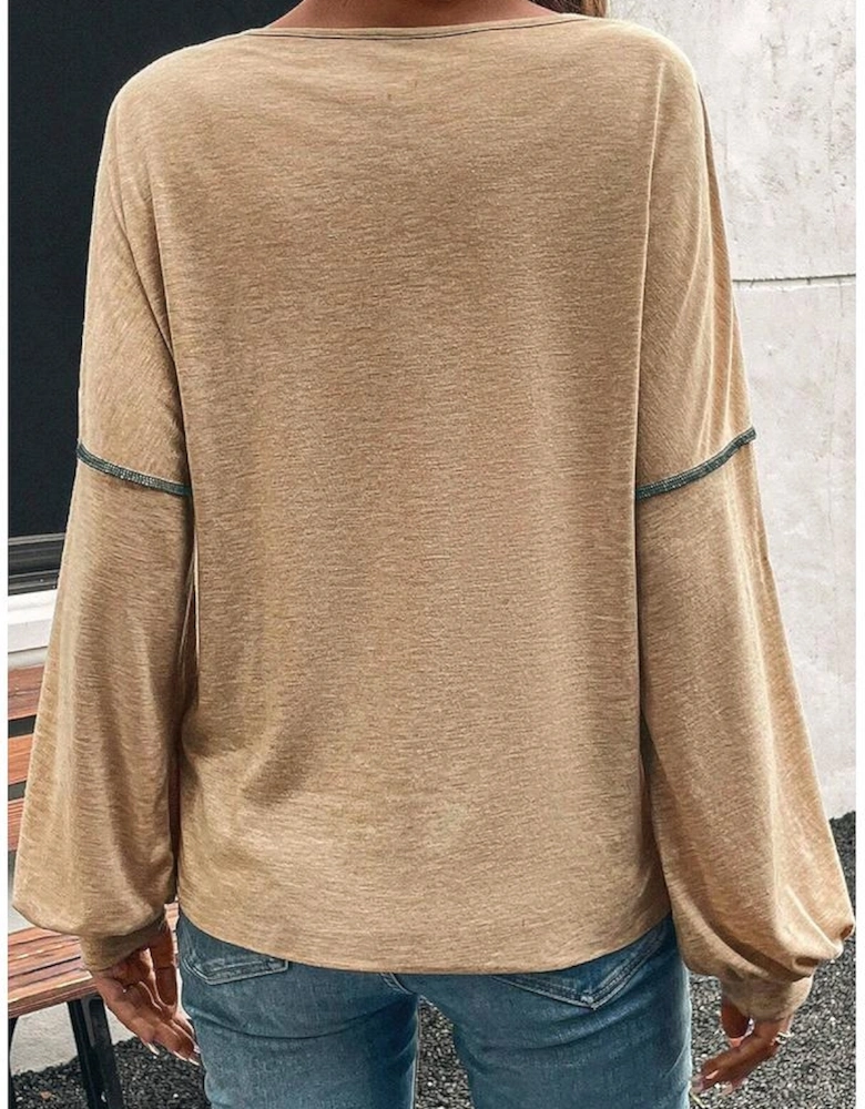 Four Leaf Clover Exposed Stitching Colorblock V Neck Long Sleeve Top