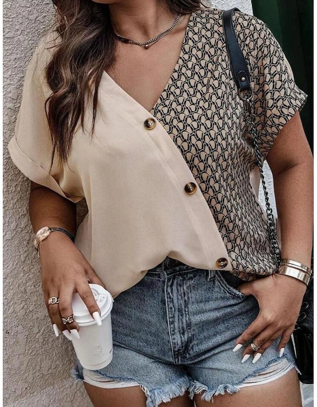 Oatmeal Contrast Geometric Print Patchwork V Neck Short Sleeve Plus Size Top