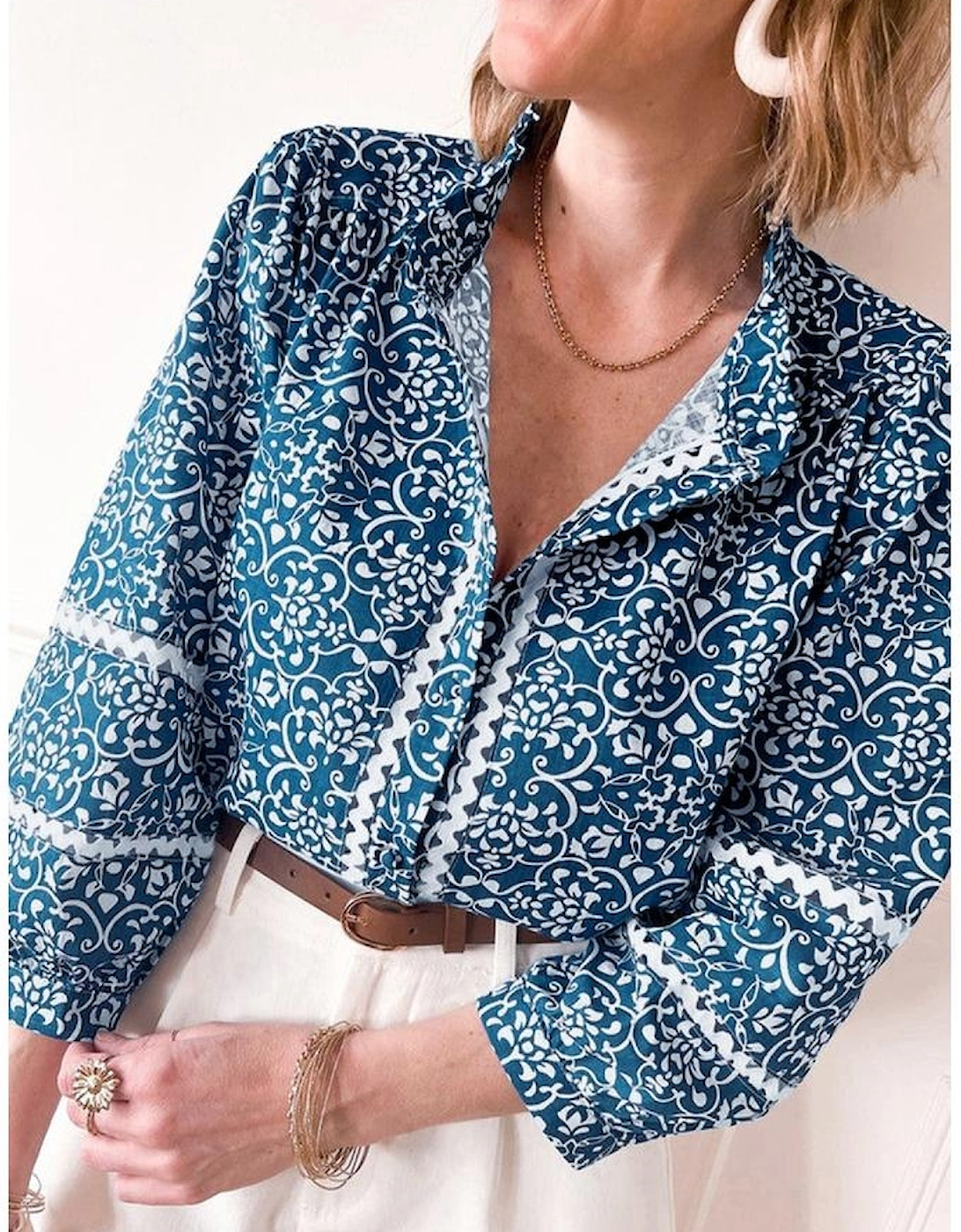 Blue Floral Ric-rac Patchwork Button Loose Fit Shirt