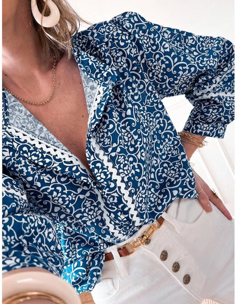 Blue Floral Ric-rac Patchwork Button Loose Fit Shirt