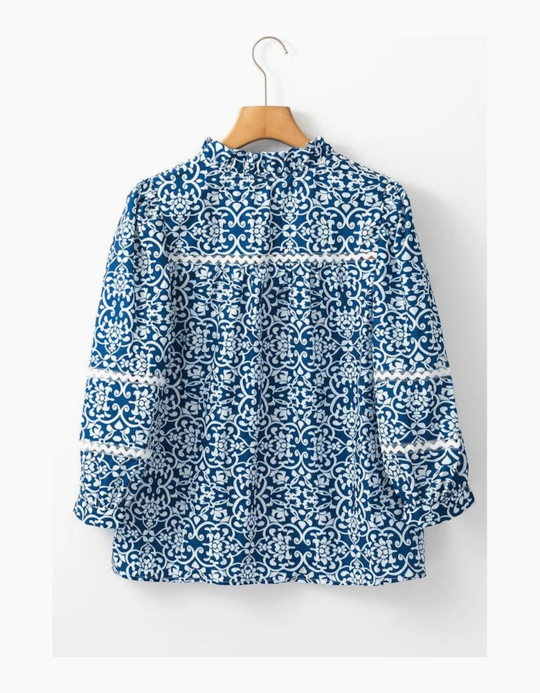 Blue Floral Ric-rac Patchwork Button Loose Fit Shirt