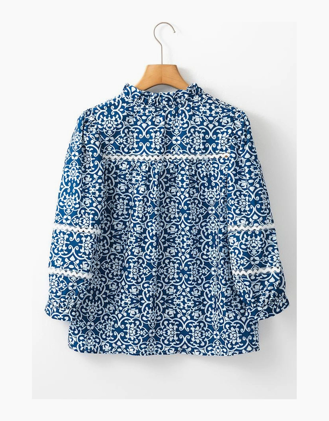 Blue Floral Ric-rac Patchwork Button Loose Fit Shirt