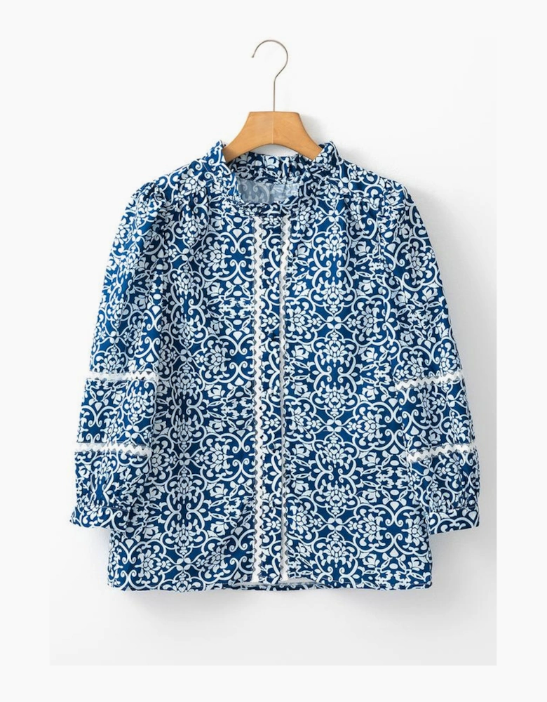 Blue Floral Ric-rac Patchwork Button Loose Fit Shirt