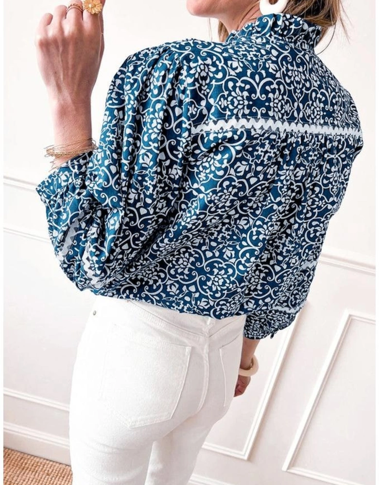 Blue Floral Ric-rac Patchwork Button Loose Fit Shirt