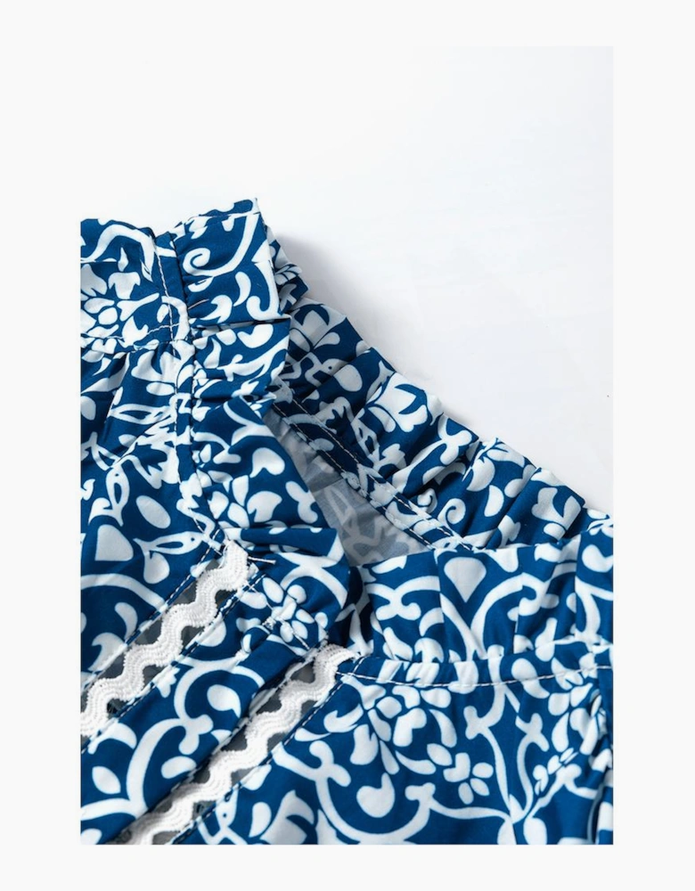 Blue Floral Ric-rac Patchwork Button Loose Fit Shirt