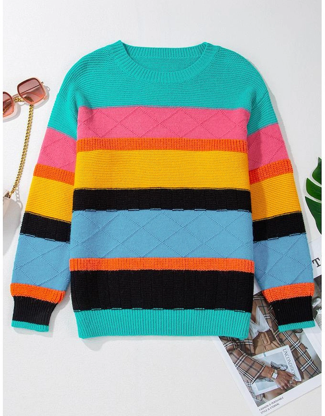 Yellow Colorblock Mixed Textured Drop Shoulder Sweater