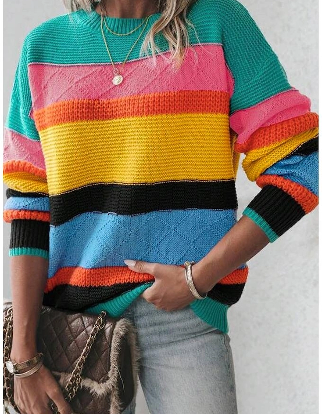 Yellow Colorblock Mixed Textured Drop Shoulder Sweater