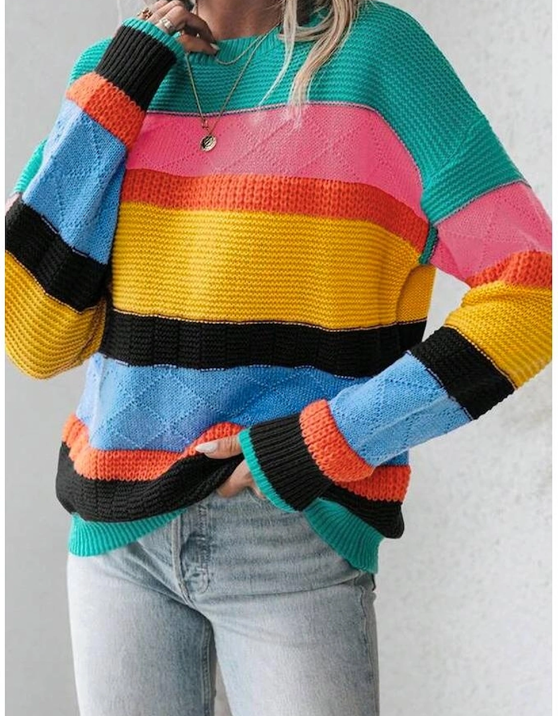 Yellow Colorblock Mixed Textured Drop Shoulder Sweater