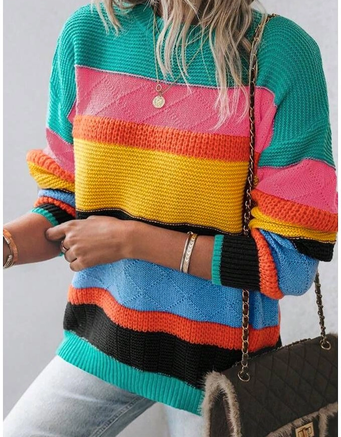 Yellow Colorblock Mixed Textured Drop Shoulder Sweater