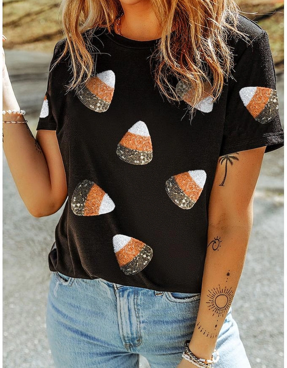 Black Sequin Triangle Patched Pattern Halloween T Shirt