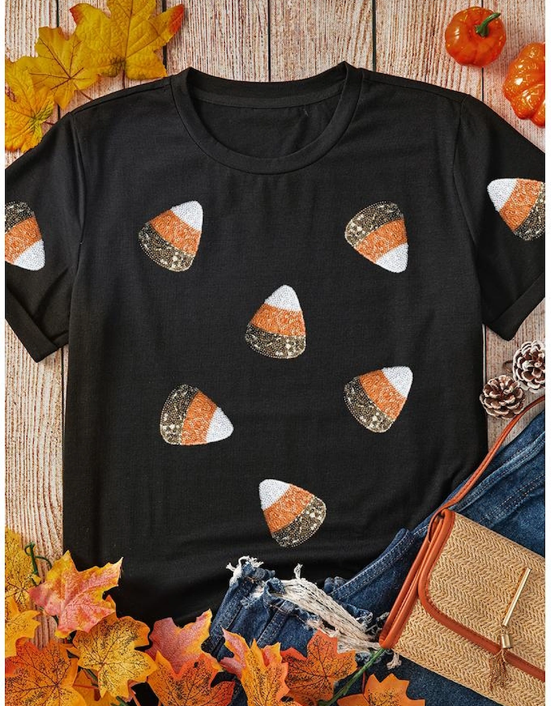 Black Sequin Triangle Patched Pattern Halloween T Shirt