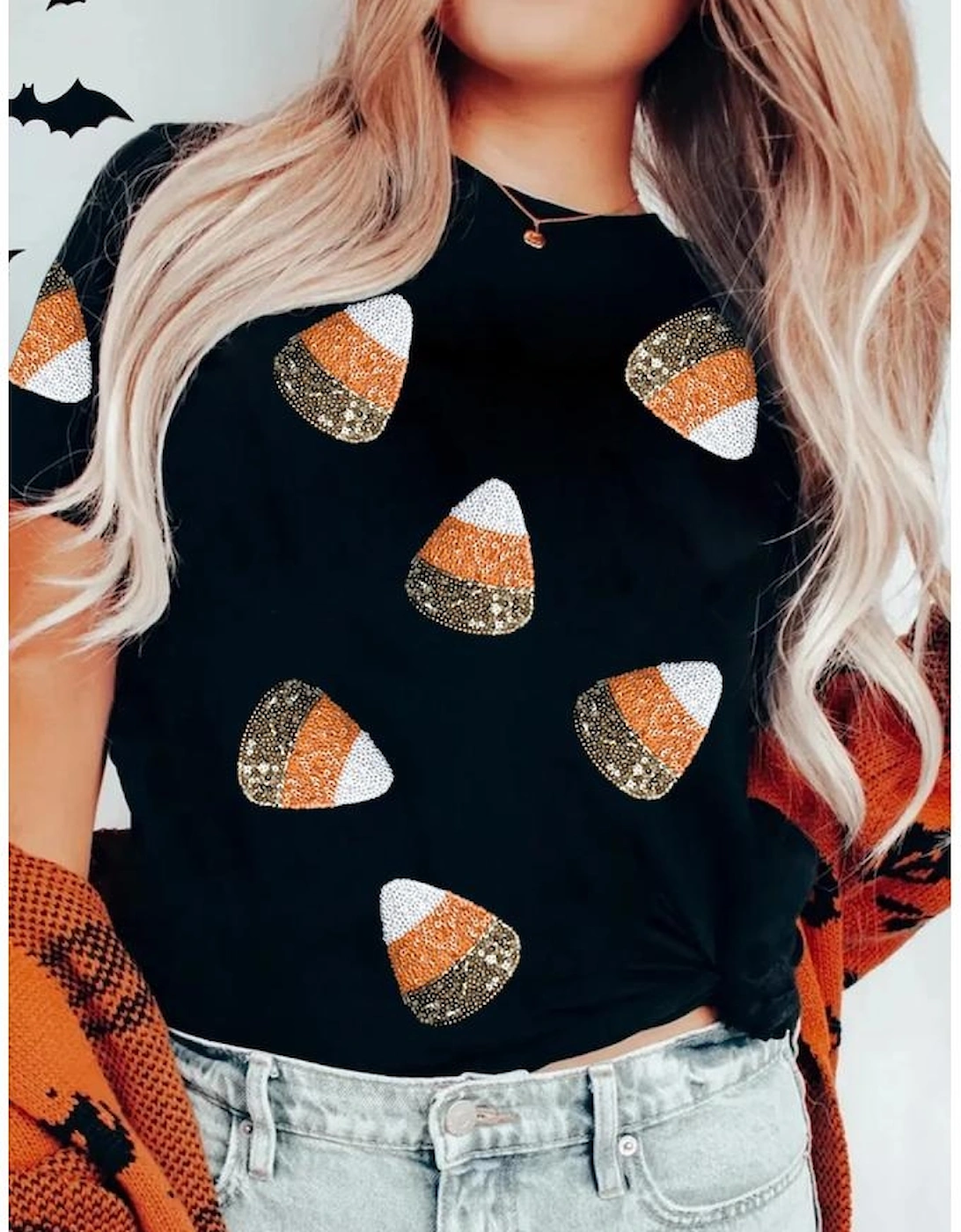 Black Sequin Triangle Patched Pattern Halloween T Shirt
