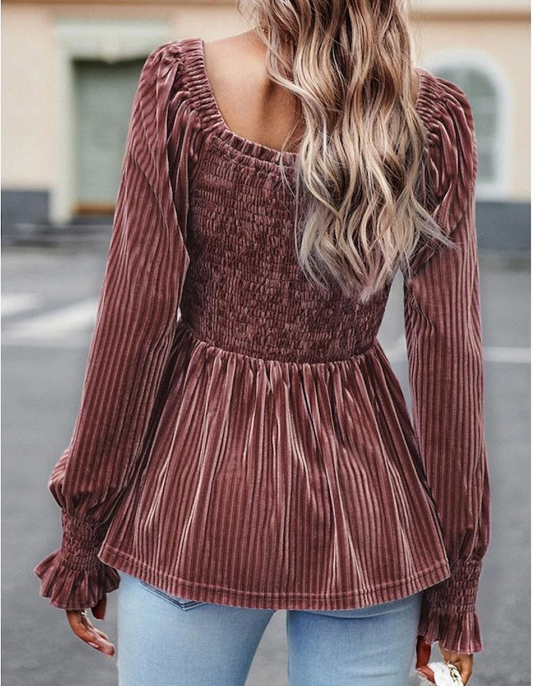 Pink Smocked Ribbed Velvet Babydoll Top