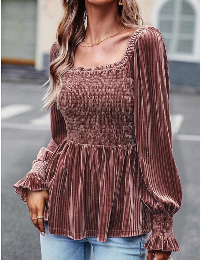 Pink Smocked Ribbed Velvet Babydoll Top