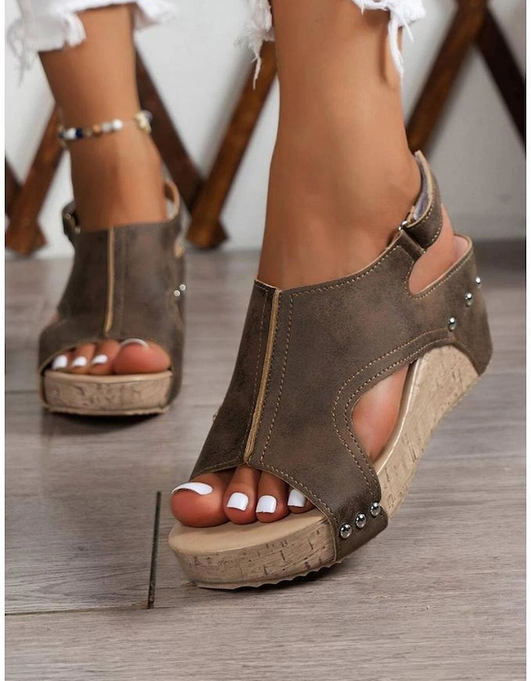 Chestnut Suede Patched Studded Cut Out Wedge Sandals